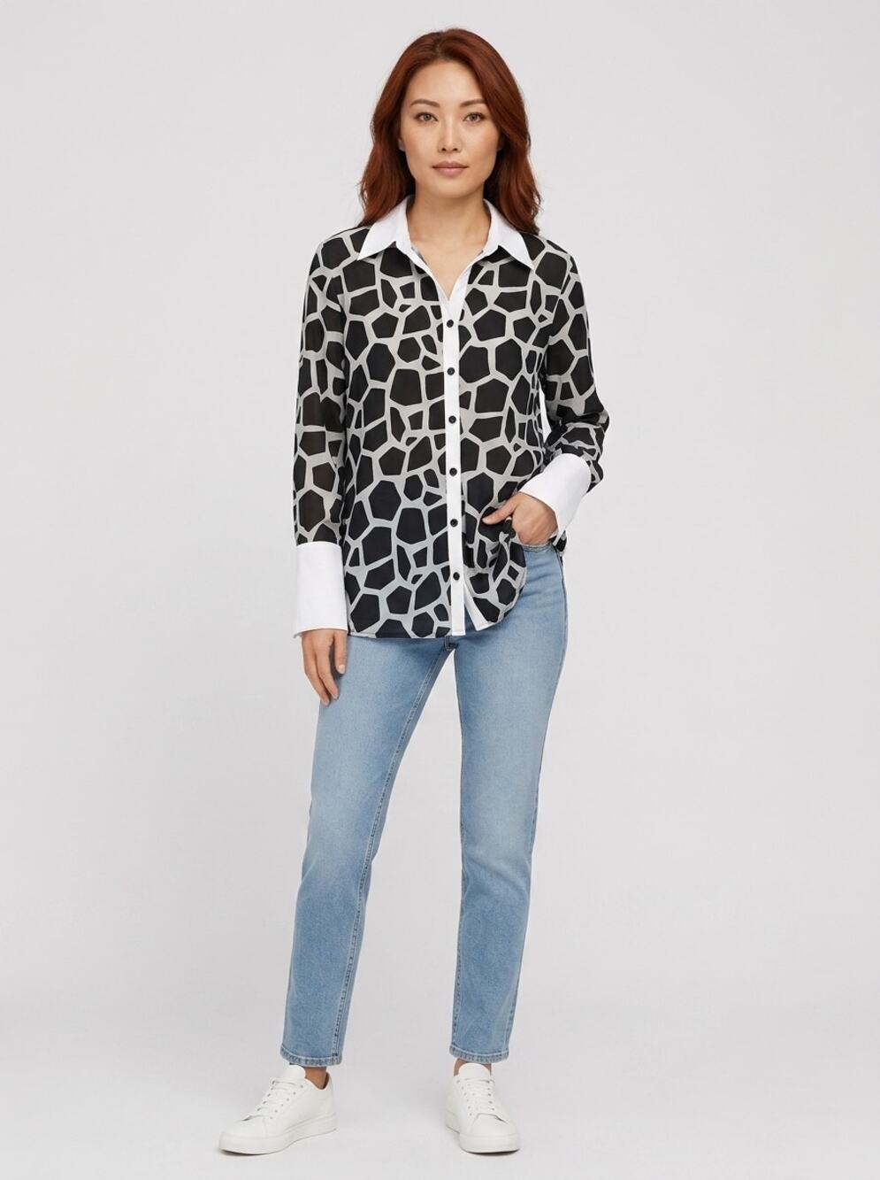Mishca Black Geometric Lace Button-Up Shirt Women Size S